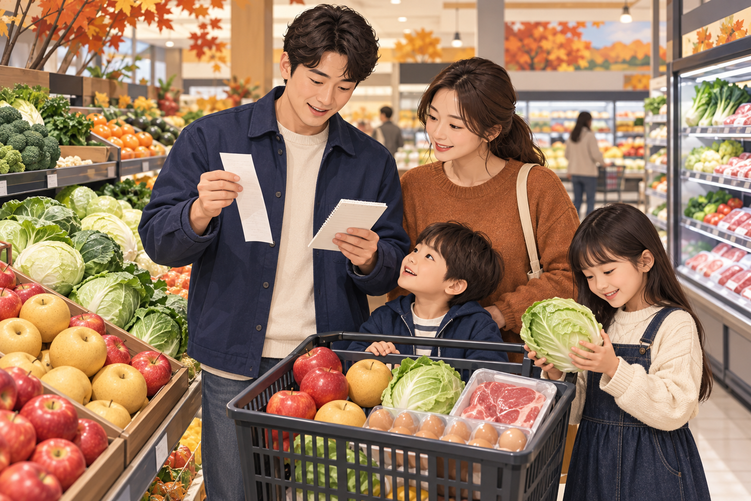 마트에서 농축산물과 장보기 목록을 비교하는 가족의 설명용 삽화