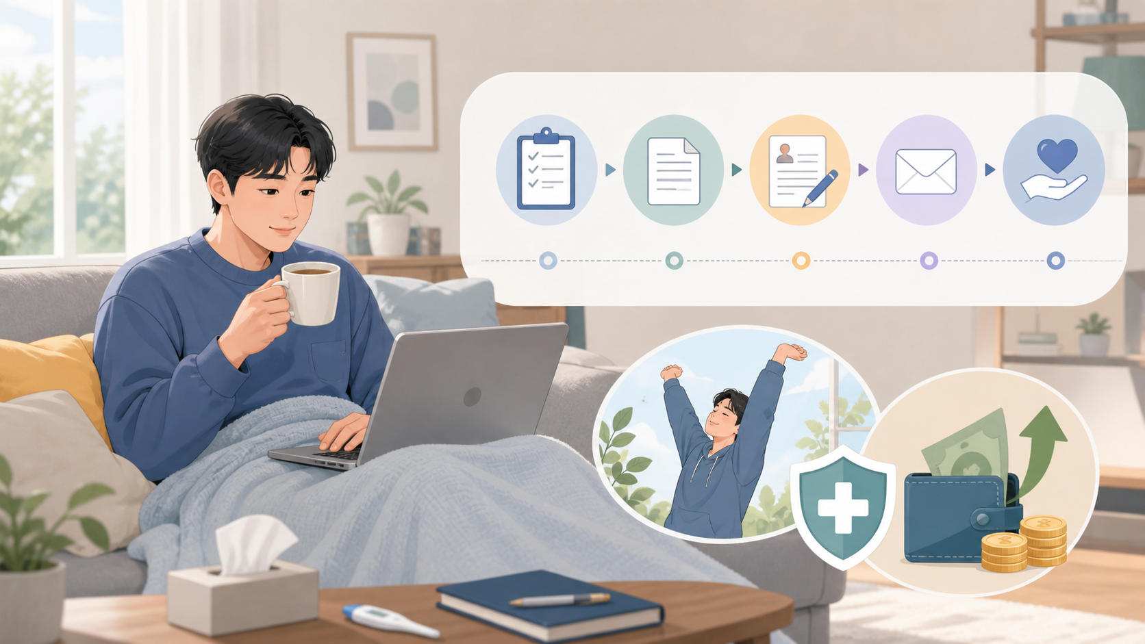 아파서 쉬는 근로자가 상병수당 신청 절차를 확인하는 모습