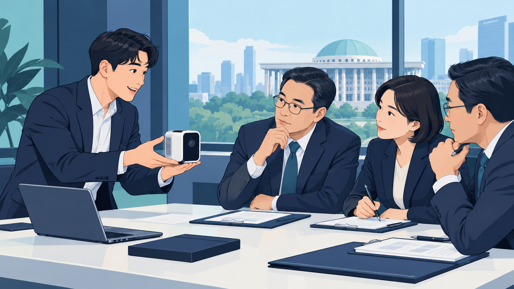 기업 담당자가 공공 구매 담당자에게 제품을 설명하는 그림