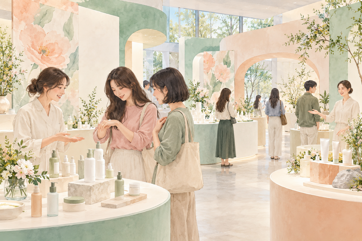 뷰티 브랜드 팝업에서 제품을 체험하는 방문객 설명 삽화