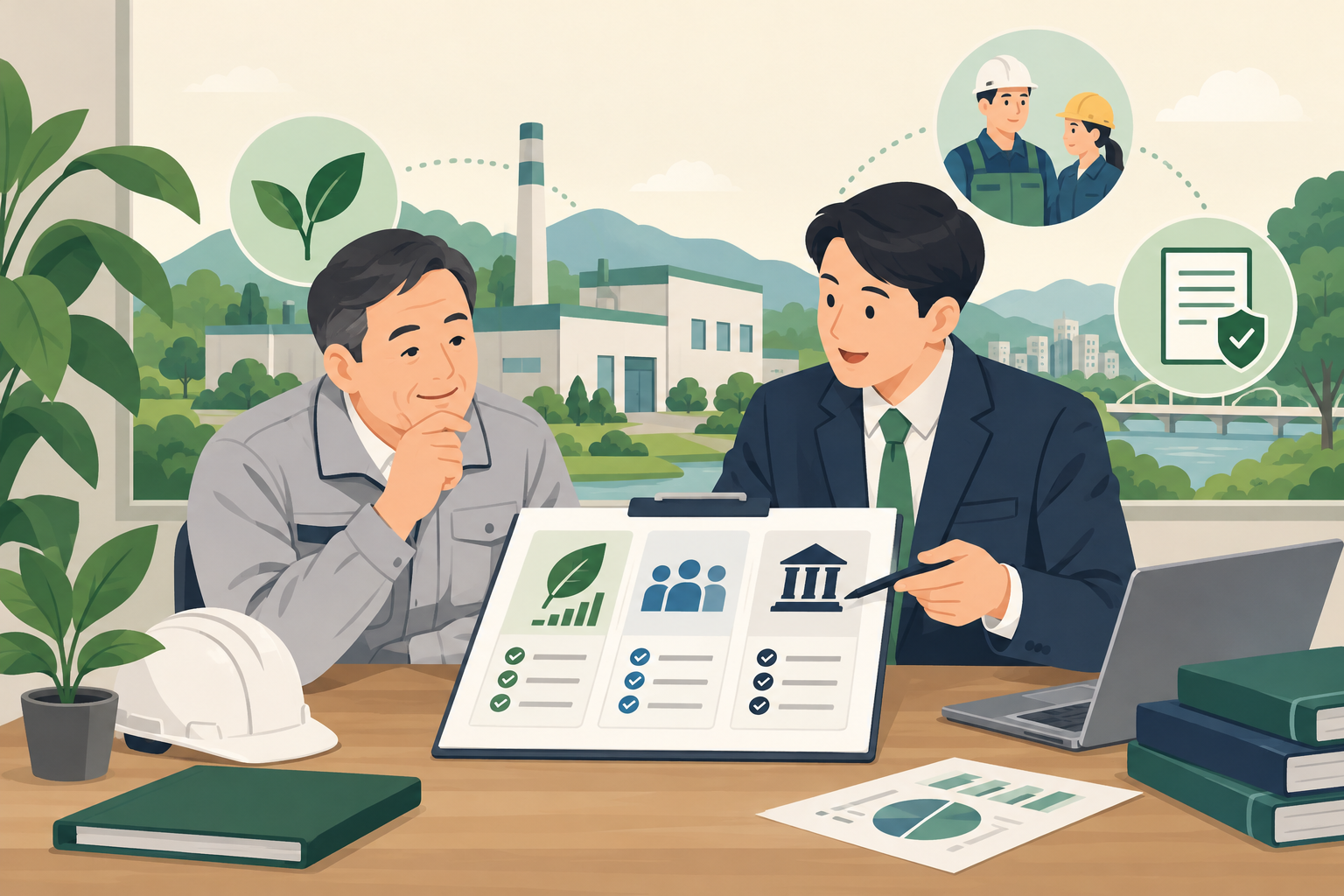 제조기업의 ESG 경영 진단 상담을 표현한 설명 그림