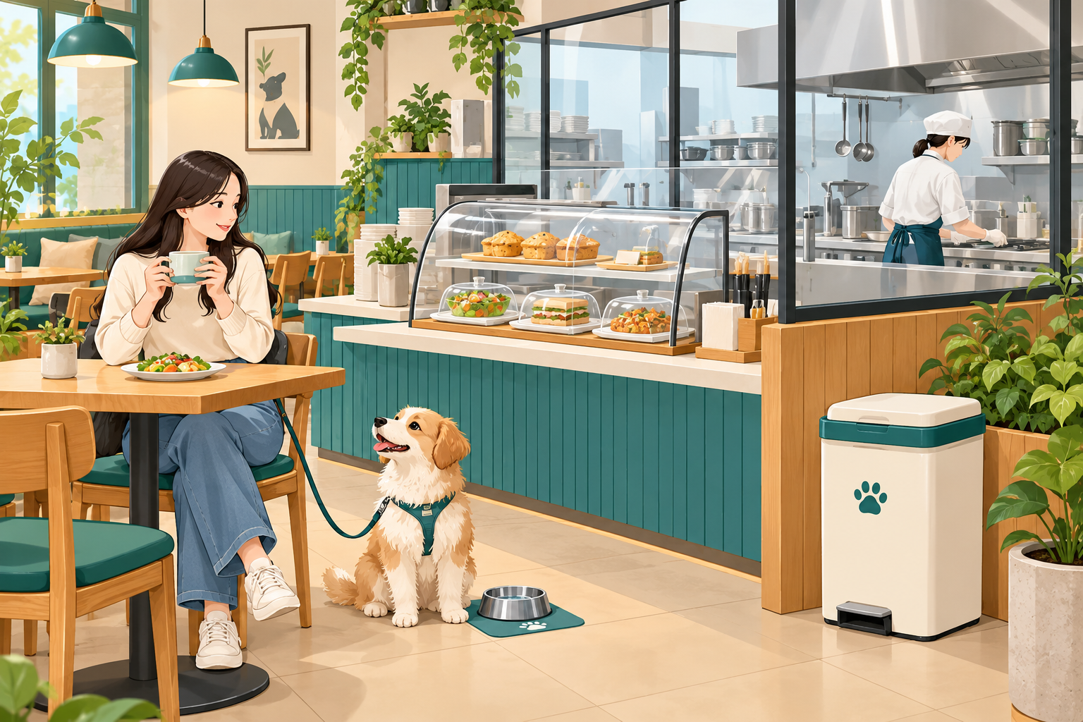 반려동물 동반 음식점의 조리장 분리와 위생용품 배치 예시