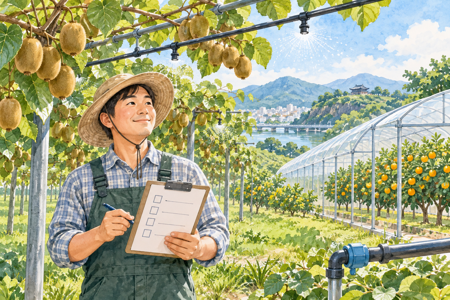 참다래 과원 관수시설과 아열대 과수 온실 설명 삽화