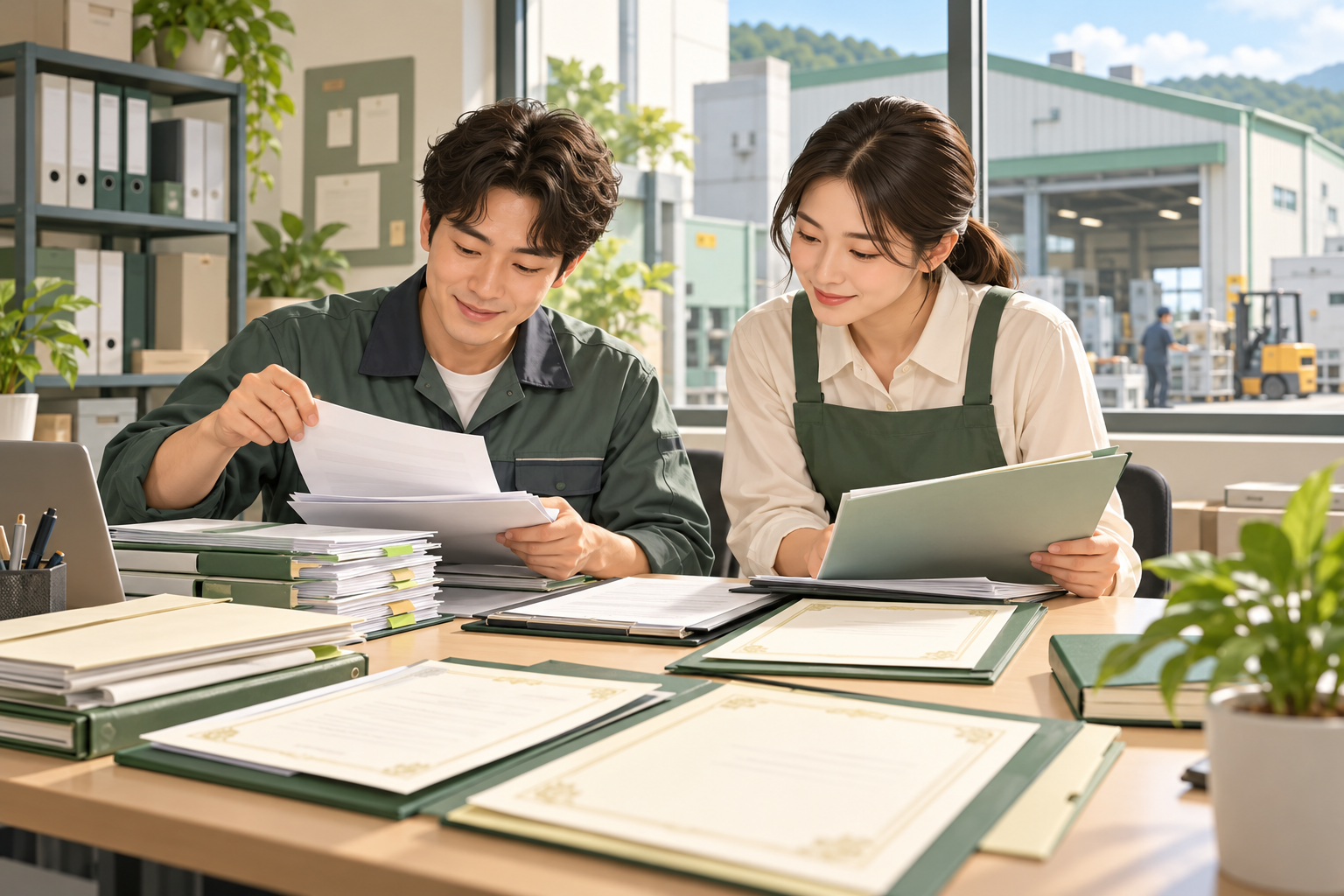 중소기업 운영자가 인증 심사 자료를 정리하는 개념 그림